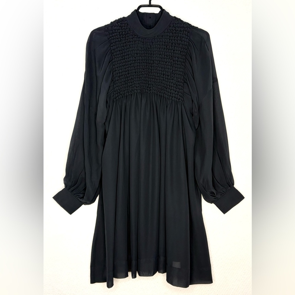 NWT Ganni Smock Chiffon Black Mini Dress with a full button down back.